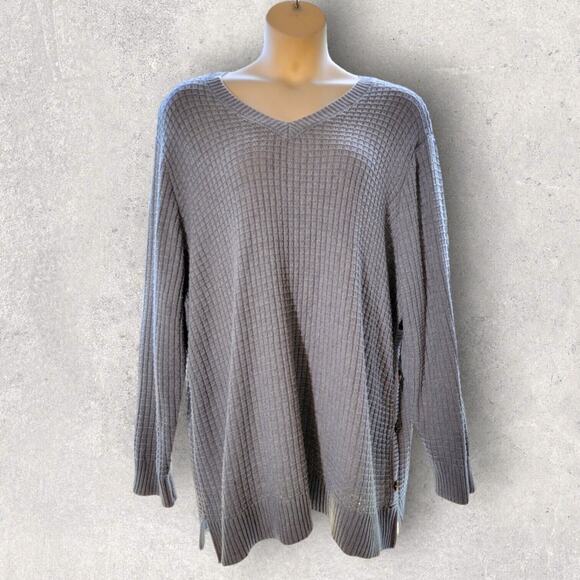 Woman Within Tunic Sweater Plus Size 3X Gray Waffle Knit Side Buttons V Neck - Picture 1 of 11
